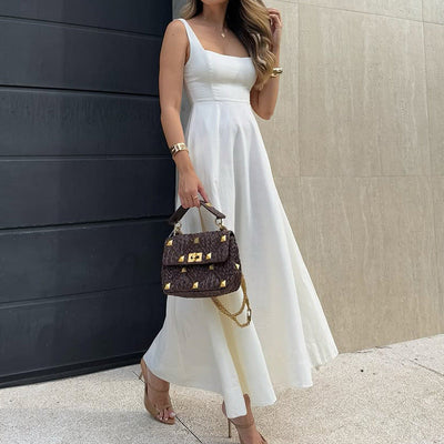 Women’s Maxi Dress – Square Neck – High Waist – Sleeveless – Flowy A-Line Fit