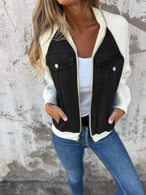 Women’s Bomber Jacket – Wool Blend – Denim Panel Detail – Zip Front – Relaxed Fit