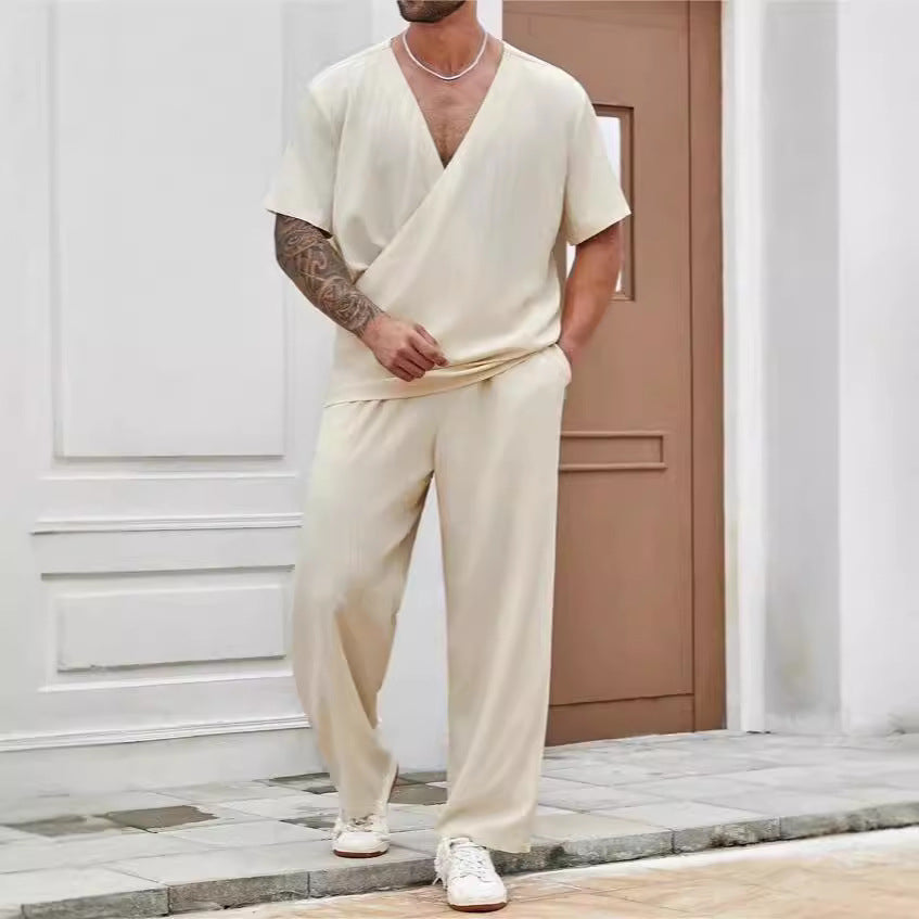 Men’s Casual Set – Lightweight V-Neck Top – Relaxed Fit Full-Length Pants