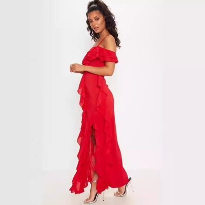 Women’s Long Dress – Slim Fit Chiffon – Ruffled Layers – Off-Shoulder Spaghetti Straps