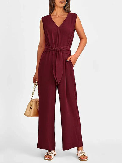 Women’s Jumpsuit – Wide Leg – V-Neck – Sleeveless – Waist Tie – Lightweight Fit