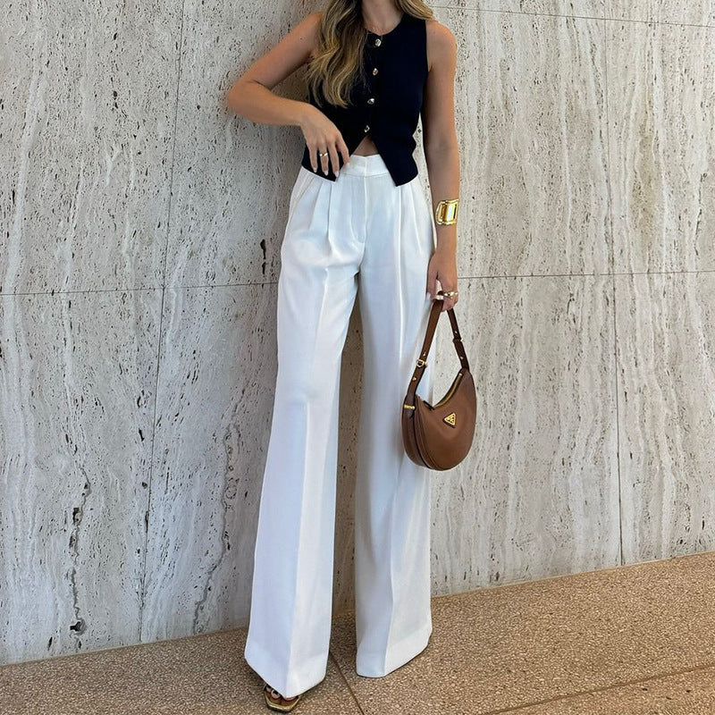 Women’s Wide-Leg Trousers – High Waist – Pleated Front – Lightweight Full Length