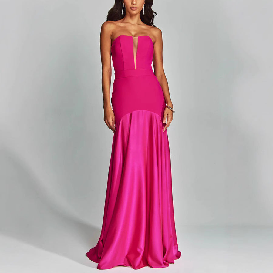 Women’s Strapless Gown – Satin Fabric – Slim Fit – Plunging Neckline – Floor Length