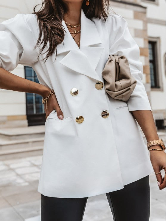Women’s Blazer – Structured Fit – Puff Sleeves – Notch Lapel – Button Front – Hip Length
