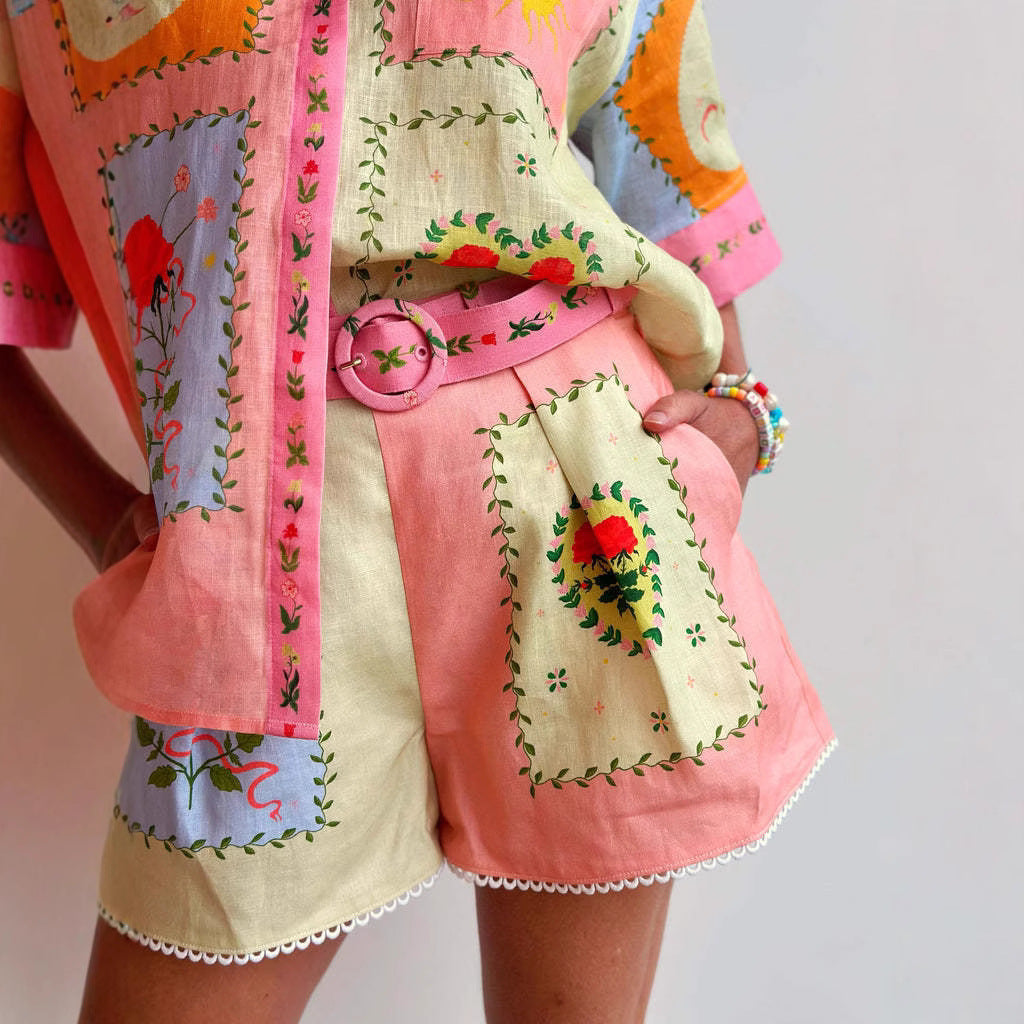 Women’s Linen Shirt and Shorts Set – Relaxed Fit – Embroidered – Belted High Waist