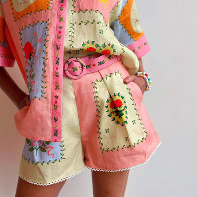 Women’s Linen Shirt and Shorts Set – Relaxed Fit – Embroidered – Belted High Waist