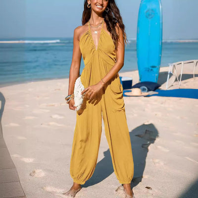 Women’s Halter Jumpsuit – Deep V-Neck – Relaxed Fit – Tapered Leg – Pockets