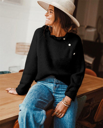 Women’s Knitted Sweater – Wool Blend – Relaxed Fit – Ruffled Neckline – Shoulder Buttons