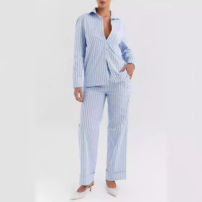 Women’s Shirt and Pants Set – Cotton Blend – Relaxed Fit – Striped Button-Down Style