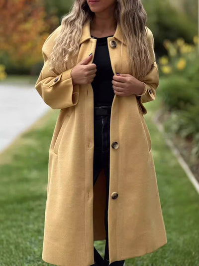 Women’s Long Coat – Wool Blend – Relaxed Fit – Button Front – Full Length