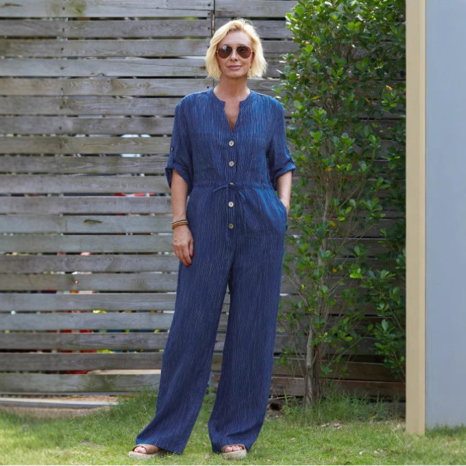 Women’s Jumpsuit – Relaxed Fit – Breathable Cotton Blend – V-Neck – Adjustable Waist