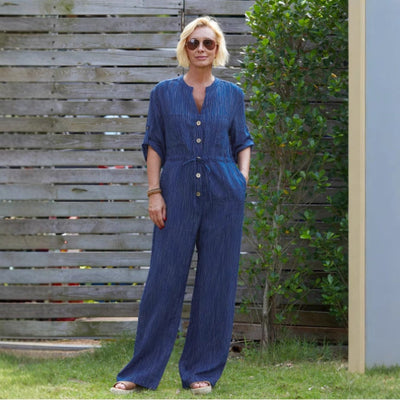 Women’s Jumpsuit – Relaxed Fit – Breathable Cotton Blend – V-Neck – Adjustable Waist