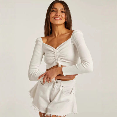 Women’s Cropped Top – Slim Fit Ribbed Knit – Tie Front V-Neck – Long Sleeve Casual