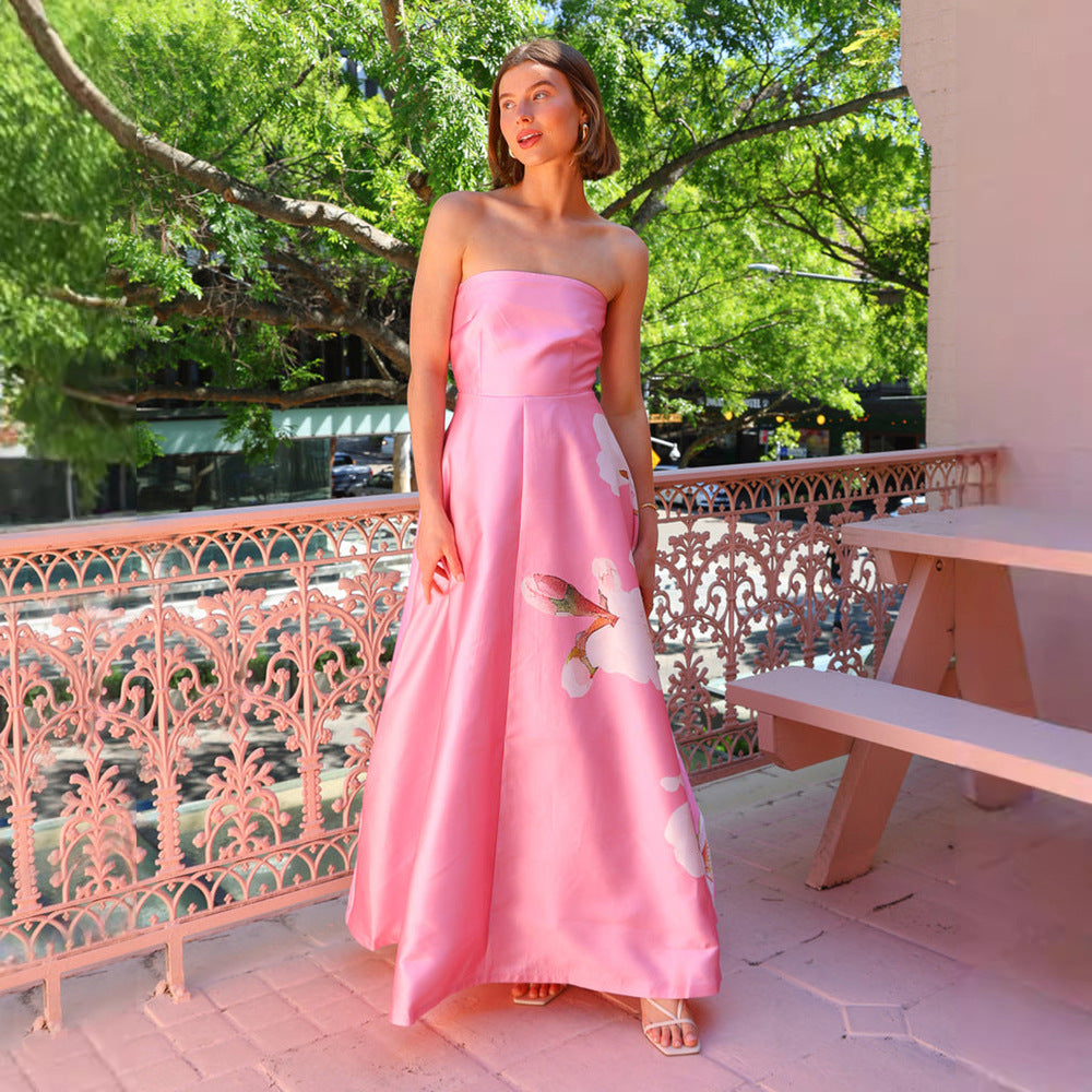 Women’s Evening Gown – Strapless Satin – Floral Print – Slim Fit Full-Length Dress