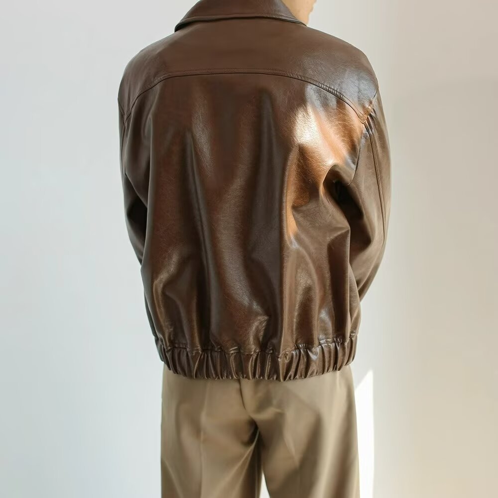Men’s Leather Jacket – Cropped Fit – Oversized Silhouette – Zip Front – Button Cuffs