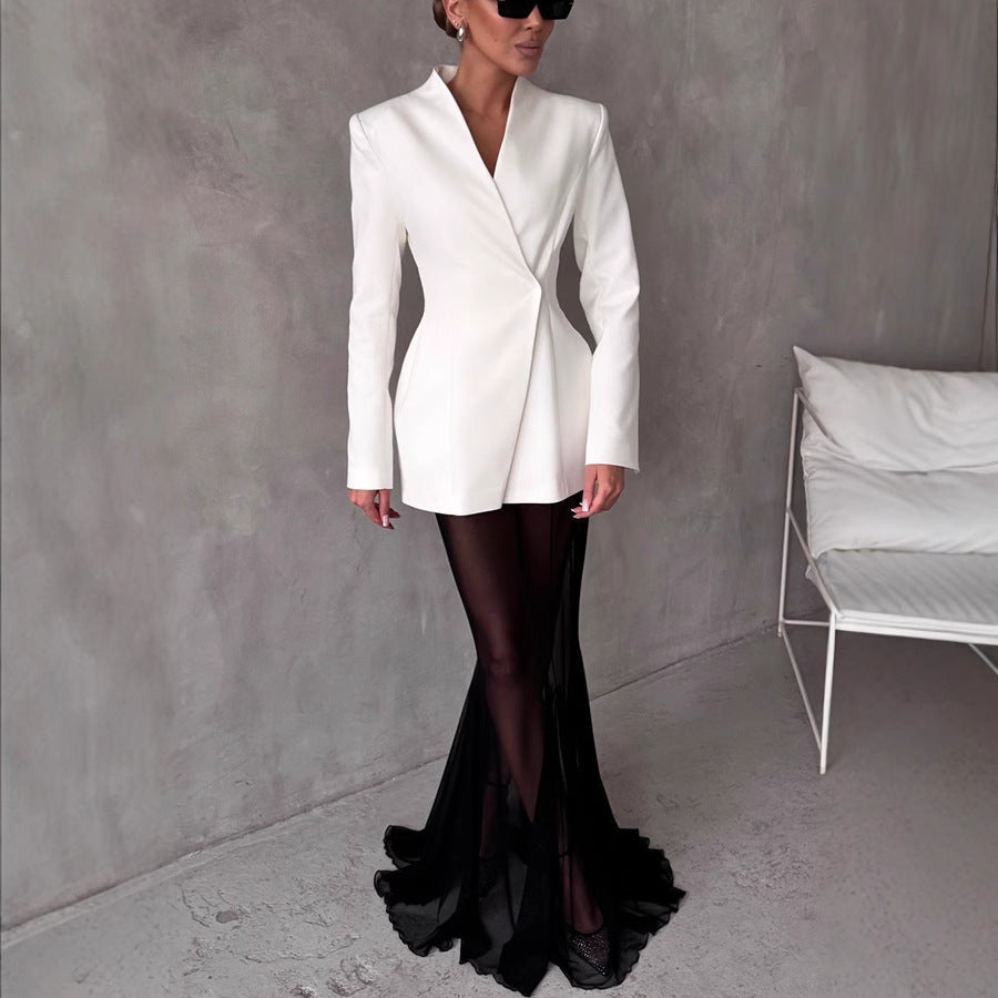 Women’s Blazer – Tailored Satin – Slim Fit – Structured Hip-Length Formal Wear