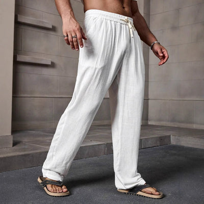 Men’s Casual Pants – Cotton Linen Blend – Loose Fit – Full Length – Drawstring Waist