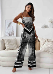 Women’s Jumpsuit – Relaxed Fit – Wide Leg – Spaghetti Straps – Satin Feel – Printed