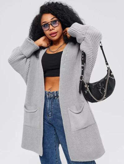 Women’s Knitted Cardigan – Oversized Fit – Chunky Wool Feel – Ribbed Sleeves – Open Front