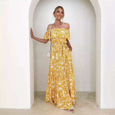 Women’s Maxi Dress – Off Shoulder – Ruffle Neckline – Tiered Skirt – Waist Tie