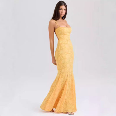 Women’s Maxi Dress – Slim Fit – Lace Fabric – Spaghetti Straps – Formal Evening Gown