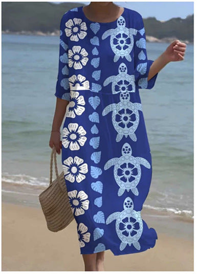 Avencea | Elegant Midi Dress with Floral Print and Round Neckline