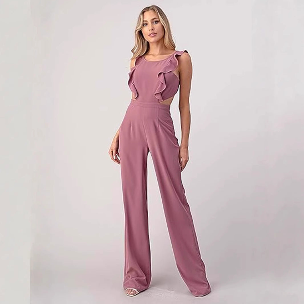 Women’s Jumpsuit – Sleeveless Fitted Top – High Waist – Wide Leg – Ruffle Trim – Cut-Out Waist