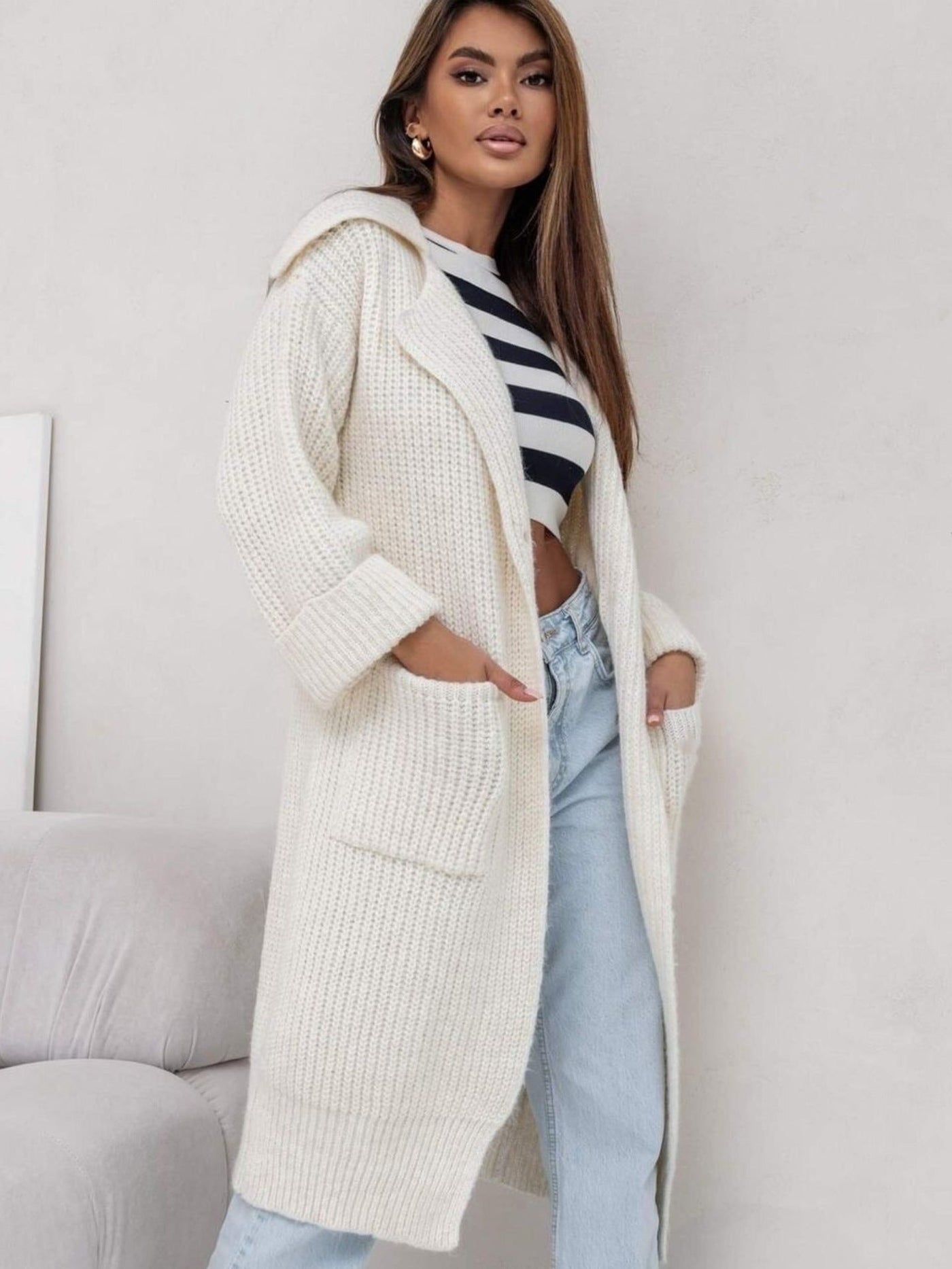 Women’s Long Knit Coat – Wool Blend – Oversized Fit – Hooded Open Front with Pockets