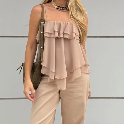 Women’s Sleeveless Top – Loose Fit – Layered Ruffles – Lightweight Flowy Fabric