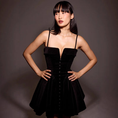 Women’s Mini Dress – Velvet A-Line – V-Neck – Thin Straps – Decorative Buttons