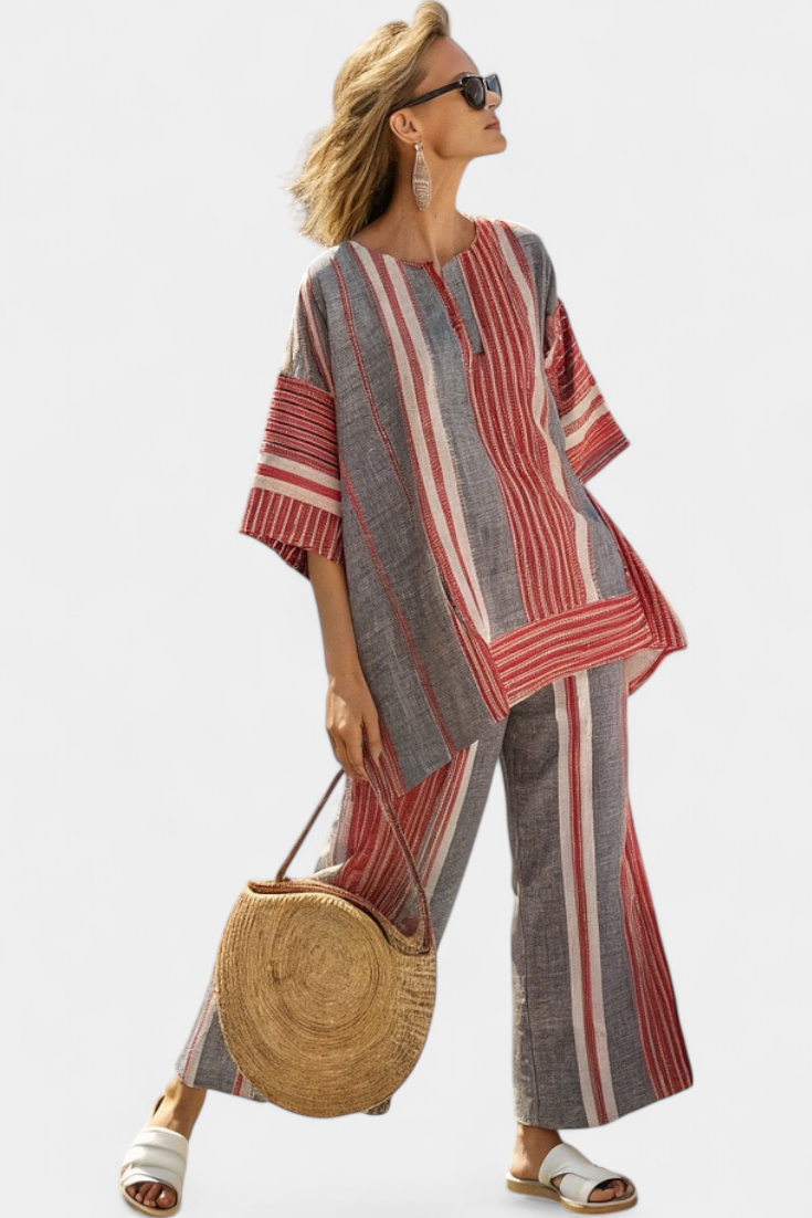 Sophie | Coral & Grey Stripe Oversize Linen Set