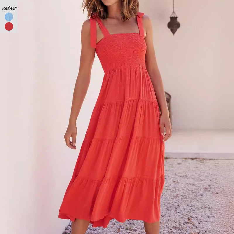 Women’s Midi Dress – Smocked Bodice – Adjustable Tie Straps – Tiered Flared Skirt