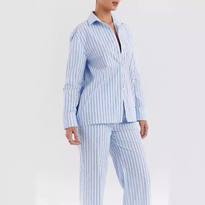 Women’s Shirt and Pants Set – Cotton Blend – Relaxed Fit – Striped Button-Down Style