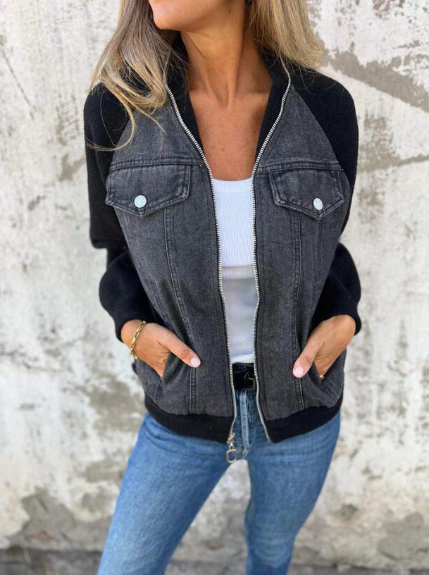 Women’s Bomber Jacket – Wool Blend – Denim Panel Detail – Zip Front – Relaxed Fit