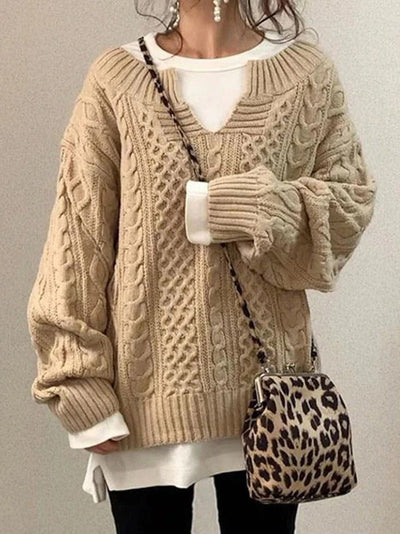 Women’s Knitted Sweatshirt – Wool Blend – Oversized Fit – Cable Knit – Deep V-Neck – Long Sleeve