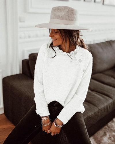 Women’s Knitted Sweater – Wool Blend – Relaxed Fit – Ruffled Neckline – Shoulder Buttons