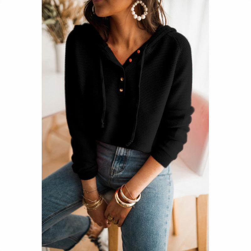 Women’s Cropped Hoodie – Relaxed Fit – Ribbed Knit – Drawstring Hood – Button Detail
