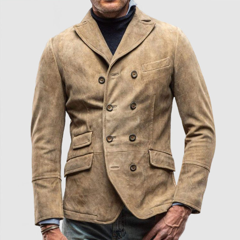 Men’s Double-Breasted Jacket – Suede Feel – Tailored Fit – Lapel Collar – Hip Length