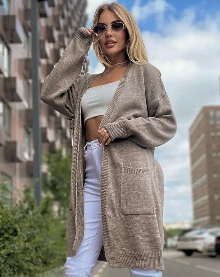 Women’s Knit Cardigan – Cotton Blend – Loose Fit – Longline Open Front with Pockets