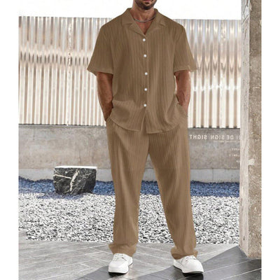 Men’s Casual Set – Button-Up Short Sleeve Shirt & Straight-Leg Pants – Breathable Cotton