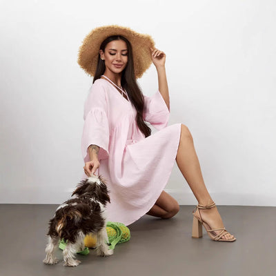 Women’s V-Neck Dress – Lightweight Cotton – A-Line Loose Fit – Short Sleeve Casual