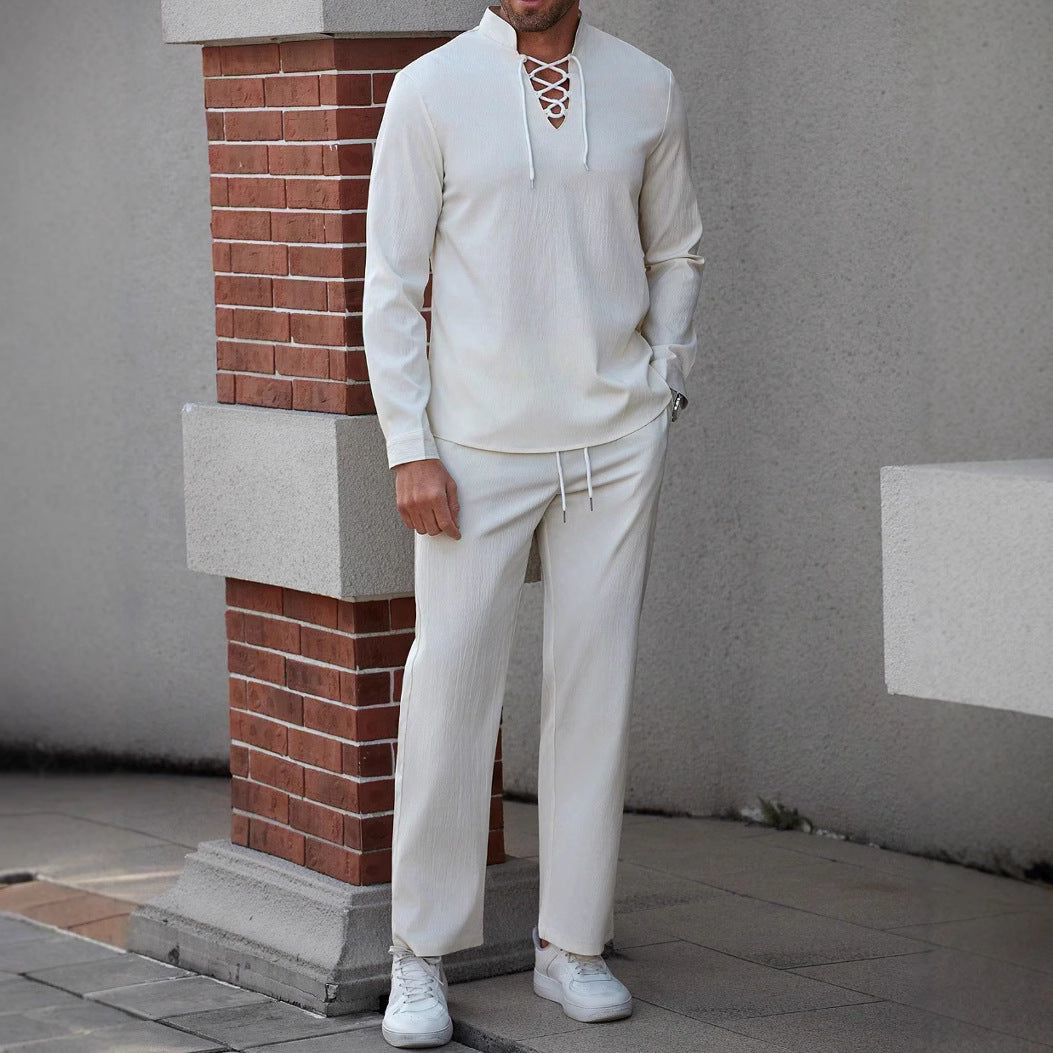 Men’s Henley Shirt – Cotton Linen Blend – Relaxed Fit – Lace-Up Chest – Band Collar