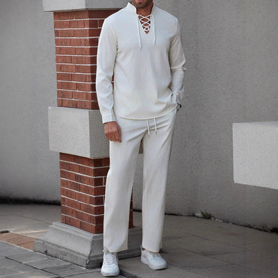 Men’s Henley Shirt – Cotton Linen Blend – Relaxed Fit – Lace-Up Chest – Band Collar