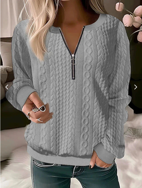 Women’s Knitted Sweater – Wool Blend – Cable Knit – Relaxed Fit – Zip Neckline