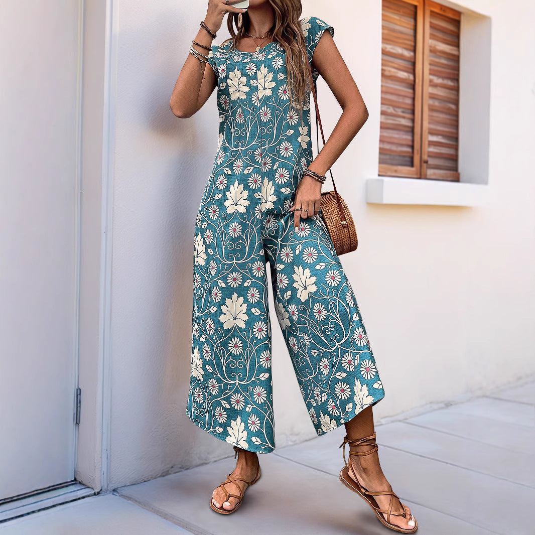 Women’s Jumpsuit – Relaxed Fit – Wide Leg – Short Sleeve – Floral Cotton Blend