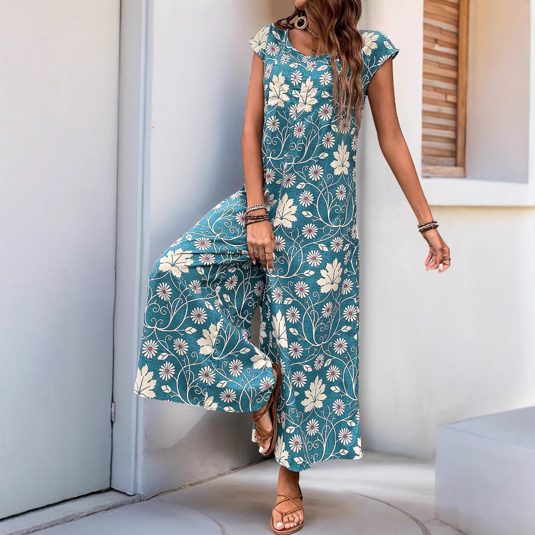 Women’s Jumpsuit – Relaxed Fit – Wide Leg – Short Sleeve – Floral Cotton Blend