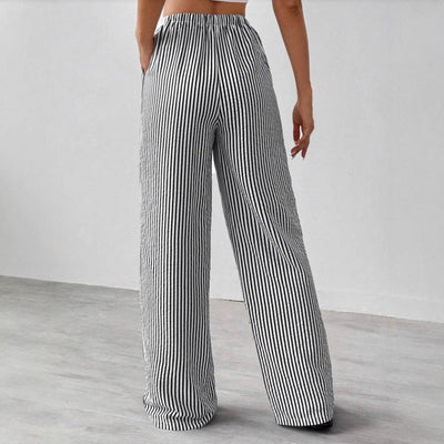 Women’s Straight-Leg Pants – Lightweight Cotton Blend – Drawstring Waist – Striped Casual Fit