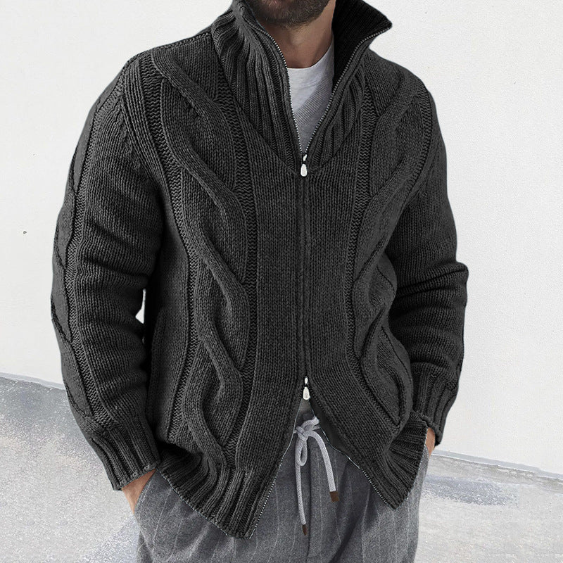 Men’s Knit Cardigan – Wool Blend – Relaxed Fit – High Neck – Zip Front – Cable Knit