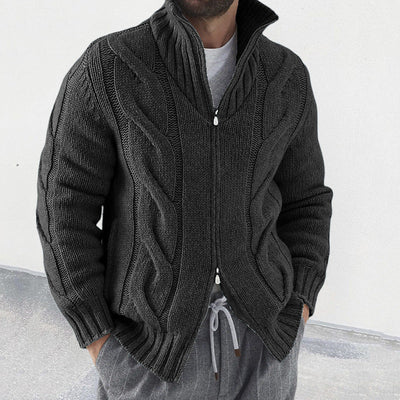 Men’s Knit Cardigan – Wool Blend – Relaxed Fit – High Neck – Zip Front – Cable Knit