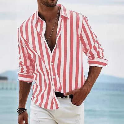 Men’s Long Sleeve Shirt – Cotton Linen Blend – Relaxed Fit – Striped Button-Up
